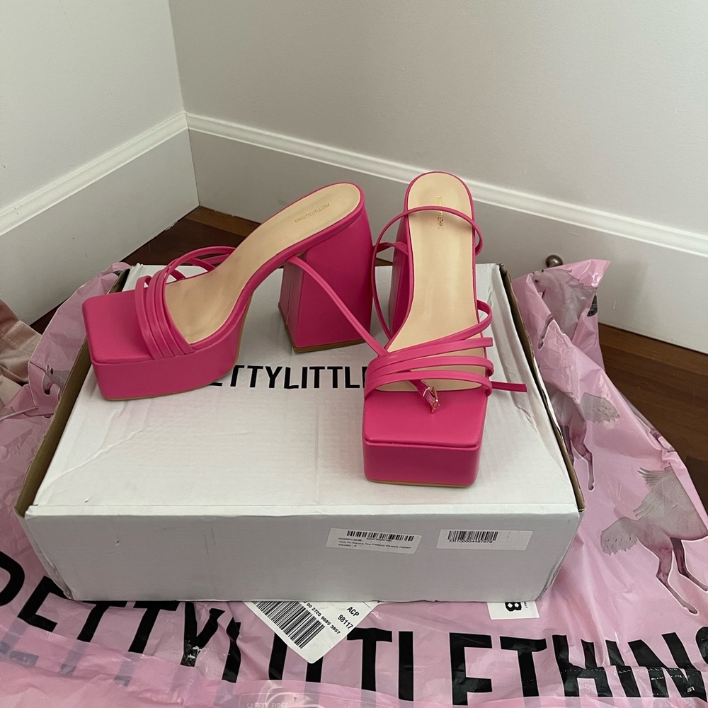 PrettyLittleThing square toe strappy platform sandal in pink